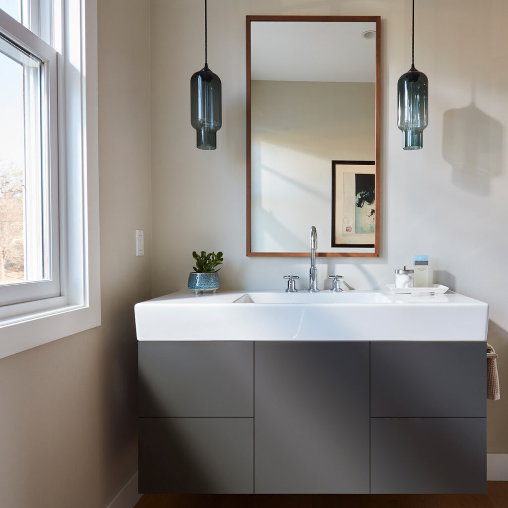 Bathroom vanity with Fenix Grigio Bromo Finish